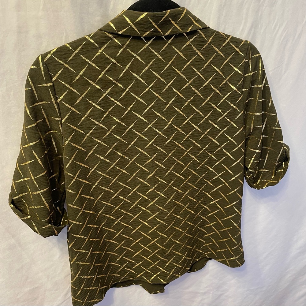 Corporate Metallic Geometric Short Sleeve Cuffed Button Front Shirt Small Office - Picture 12 of 16